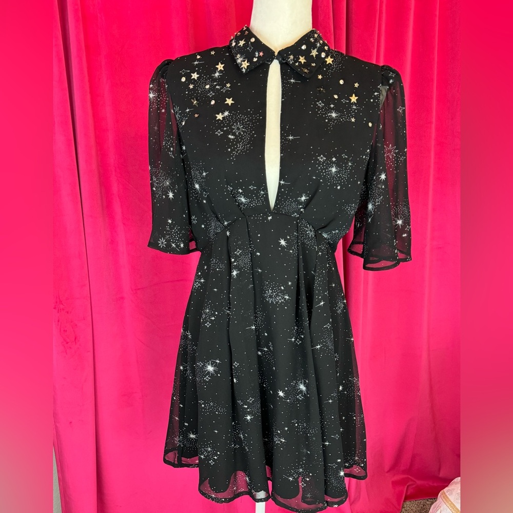 Topshop Black & White Star Print Open Back Empire Waist Dress, Size 10